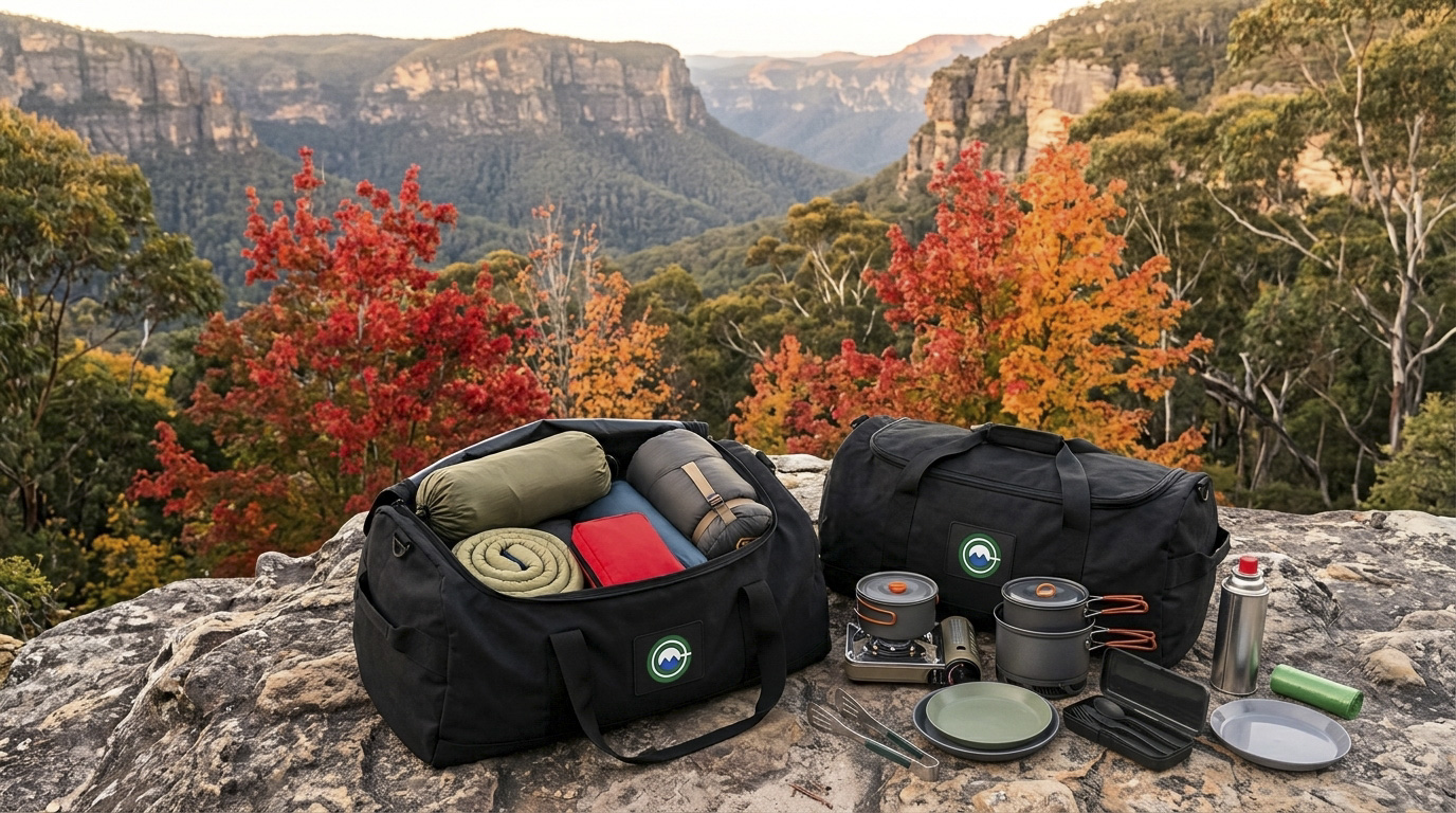 Camping gear in bags on a cliff face